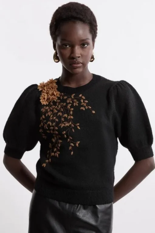 Flower And Beaded Puff Sleeve Knit Tee