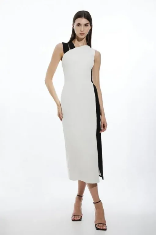 Fluid Tailored Color Block Split Strap Midi Dress