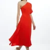 Fluid Tailored One Shoulder Asymmetric Drape Midi Dress