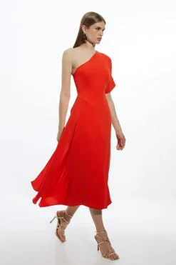 Fluid Tailored One Shoulder Asymmetric Drape Midi Dress