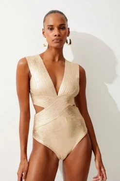 Foiled Bandage Textured V Neck Swimsuit