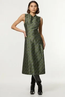 Geo Jacquard Twill Tailored Full Skirted Midi Dress