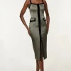 Geometric Jacquard Velvet Mix Tailored Strappy Midi Dress