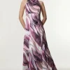 Graduated Stripe Viscose Satin Halter Dress