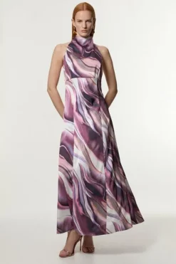 Graduated Stripe Viscose Satin Halter Dress
