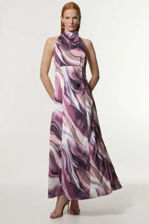 Graduated Stripe Viscose Satin Halter Dress