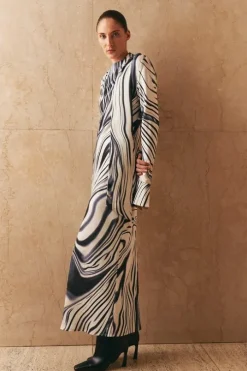 Graduated Stripe Viscose Satin Bias Midi Dress