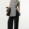 Grey Check Tailored Collarless Belted Sleeveless Blazer