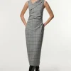 Grey Check Tailored Full Skirted Asymmetrical Maxi Dress