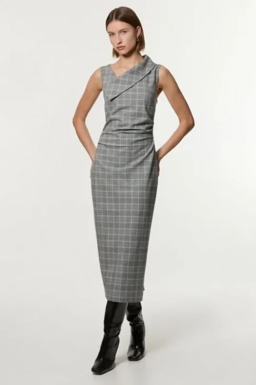 Grey Check Tailored Full Skirted Asymmetrical Maxi Dress