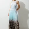Guipure Lace Printed Pleated Racer Woven Maxi Dress