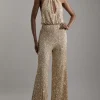 Halter Jersey Stretch Sequin Wide Leg Jumpsuit