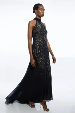 Halter Neck Feather Sequin Detail Woven Maxi Dress