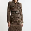 Houndstooth Check Pocket Detail Belted Pu Tipped Tailored Midaxi Coat