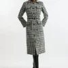 Houndstooth Check Pocket Detail Belted Pu Tipped Tailored Midaxi Coat