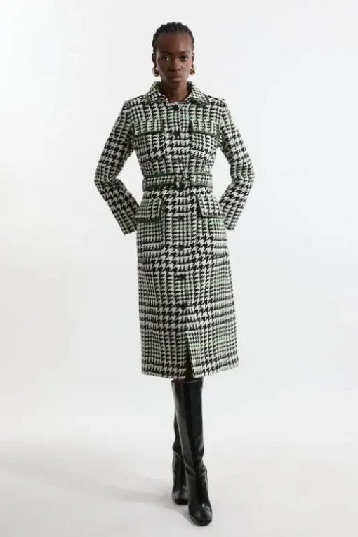 Houndstooth Check Pocket Detail Belted Pu Tipped Tailored Midaxi Coat