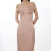 Italian Satin Tailored Off Shoulder Panelled Midi Dress