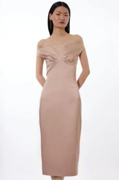 Italian Satin Tailored Off Shoulder Panelled Midi Dress