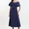 Italian Structured Rib Asymmetric Collar Tailored Full Skirt Maxi Dress