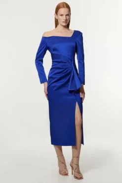 Italian Structured Rib Asymmetric Neckline Draped Tailored Maxi Dress
