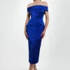 Italian Structured Rib Off The Shoulder Button Through Tailored Midi Dress