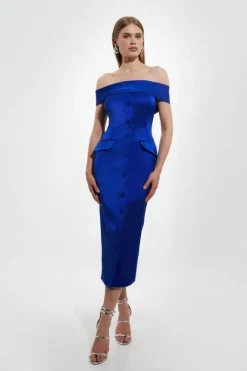 Italian Structured Rib Off The Shoulder Button Through Tailored Midi Dress