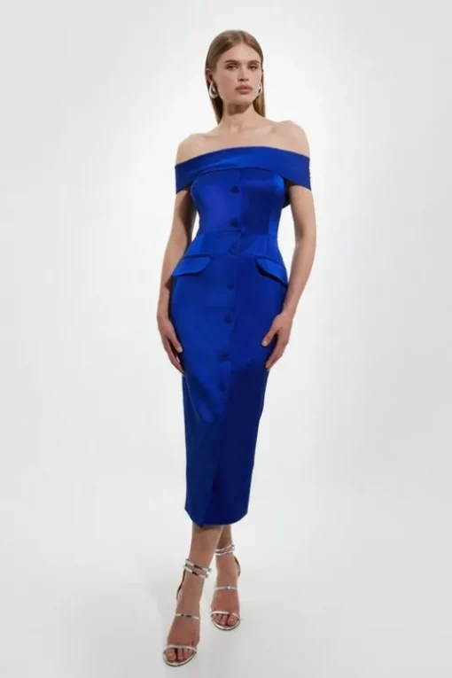 Italian Structured Rib Off The Shoulder Button Through Tailored Midi Dress