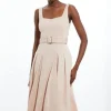 Italian Structured Rib Tailored Square Neck Belted Midi Dress