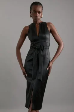Italian Structured Satin Bow Detail Tailored Maxi Dress