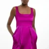 Italian Structured Satin Color Block Tailored Lantern Mini Dress