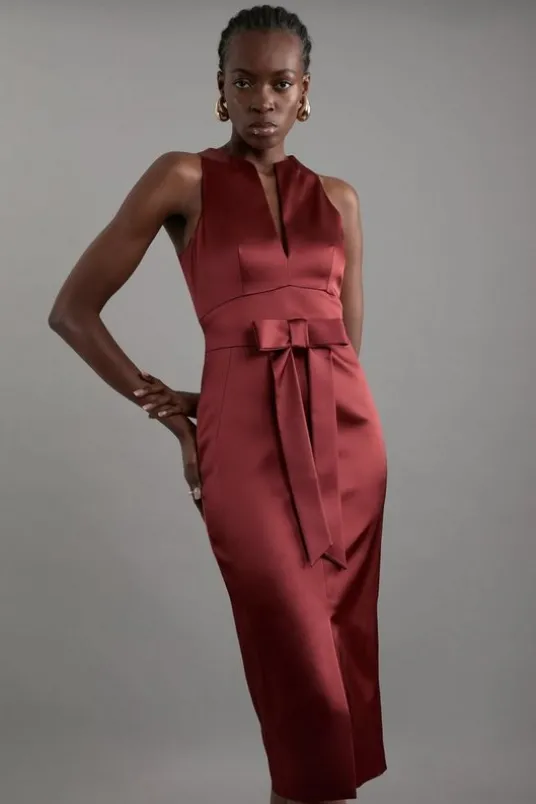 Italian Structured Satin Bow Detail Tailored Maxi Dress