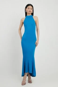 Italian Structured Stretch Waterfall Hem High Neck Midi Dress