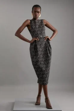 Jacquard Belted Pencil Tailored Maxi Dress