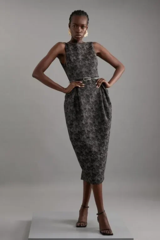 Jacquard Belted Pencil Tailored Maxi Dress