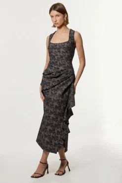 Jacquard Ruffle Strappy Tailored Midi Dress