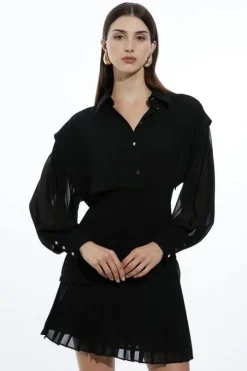 Jersey And Georgette Mix Pleated Mini Shirt Dress
