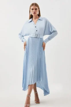 Jersey And Georgette Mix Belted Pleat Midi Dress