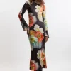 Jersey Border Print Keyhole Long Sleeve Maxi Dress