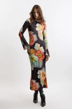 Jersey Border Print Keyhole Long Sleeve Maxi Dress