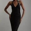 Jersey Crepe And Pu Mix Halter Maxi Dress