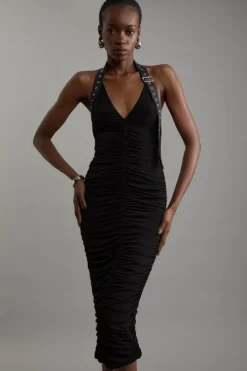 Jersey Crepe And Pu Mix Halter Maxi Dress