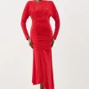Jersey Crepe Ruched Long Sleeve Midi Dress