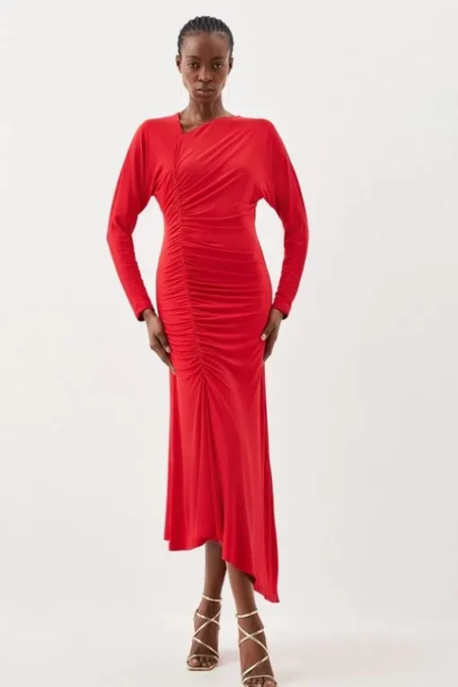 Jersey Crepe Ruched Long Sleeve Midi Dress