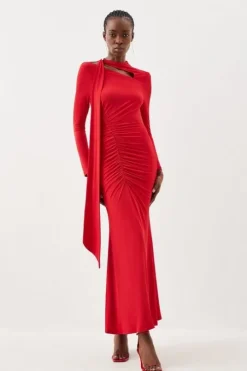 Jersey Crepe Ruched Tie Long Sleeve Maxi Dress