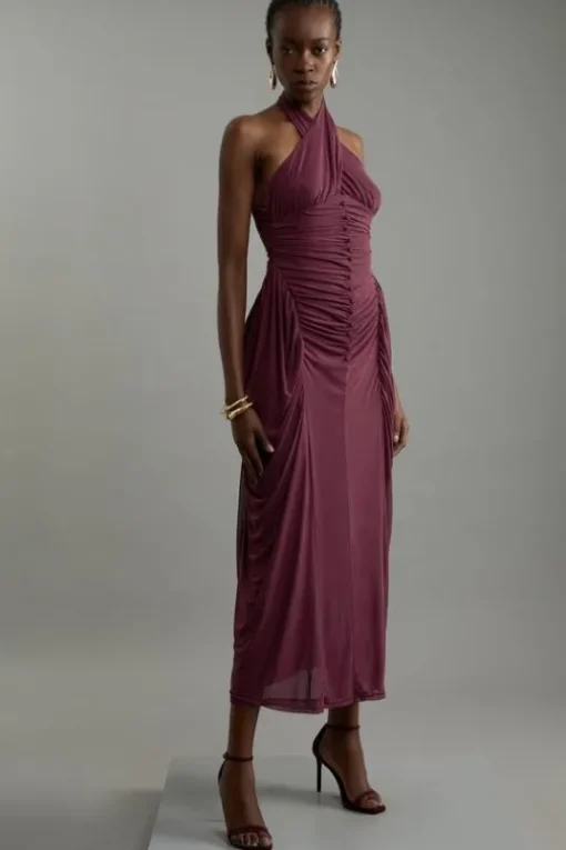 Jersey Mesh Halterneck Midi Dress