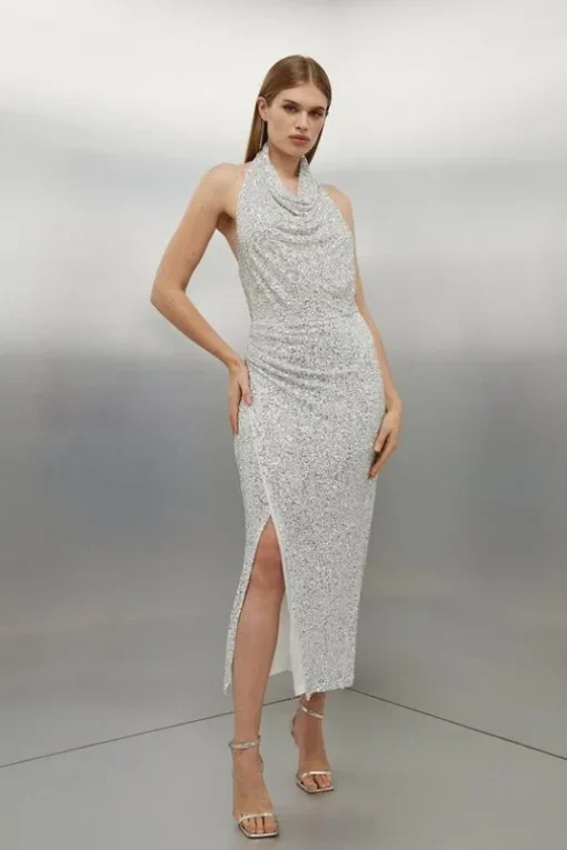 Jersey Sequin Cowl Neck Midi Dress