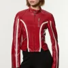 Leather Color Block High Collar Motto Moto Jacket
