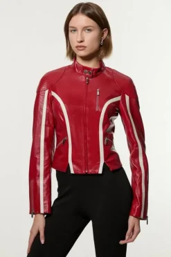 Leather Color Block High Collar Motto Moto Jacket
