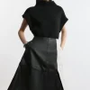 Leather Color Block Midi A-Line Skirt