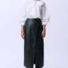 Leather Double Waistband A-Line Midi Skirt